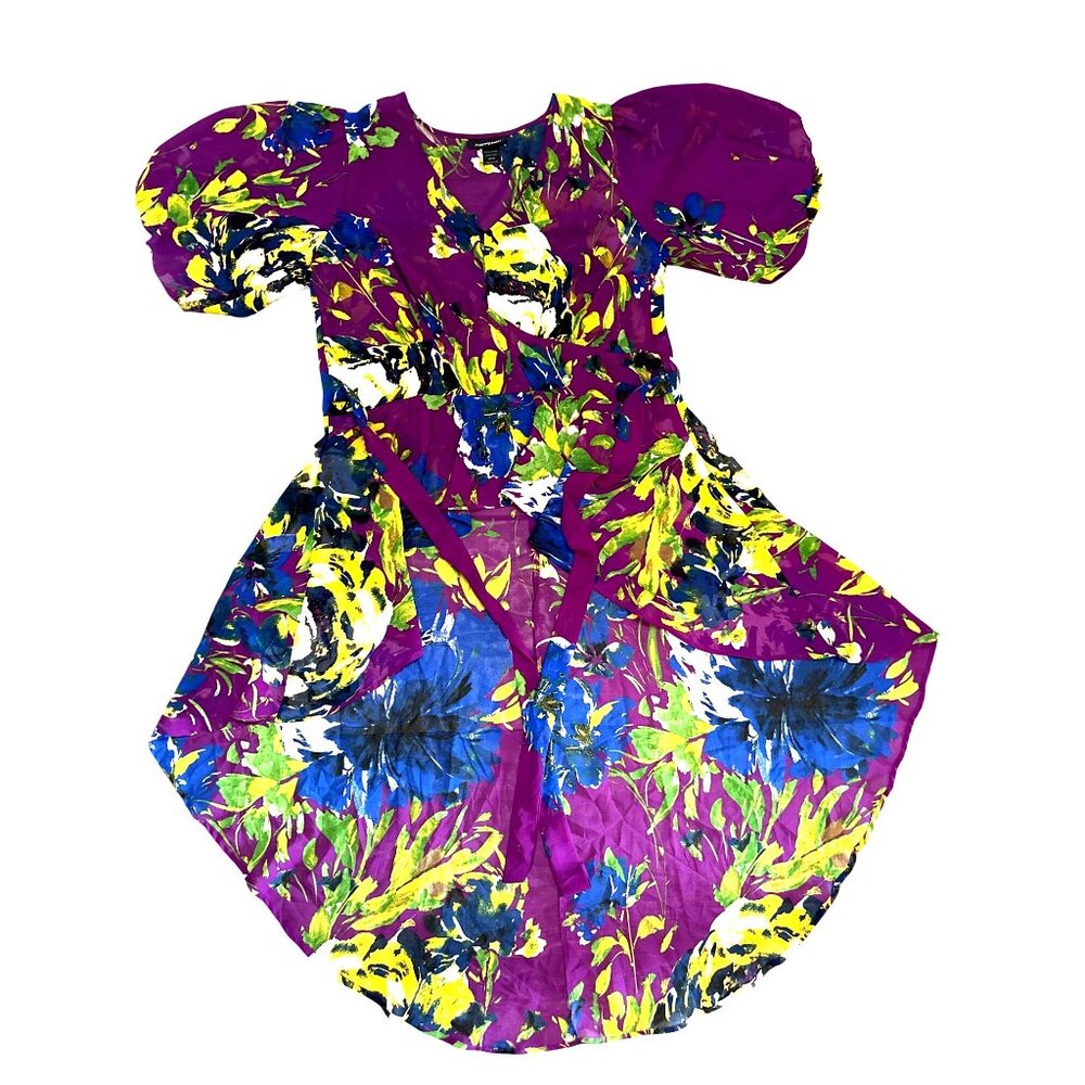 Ashley Stewart Size 14 Purple Sheer Floral Dress High Low Hem Metal Side Zip Art - Picture 12 of 13